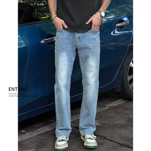 
Entong trendy brand washed cleanfit light blue jeans for boys with slightly flared and high-rise casual versatile trousers