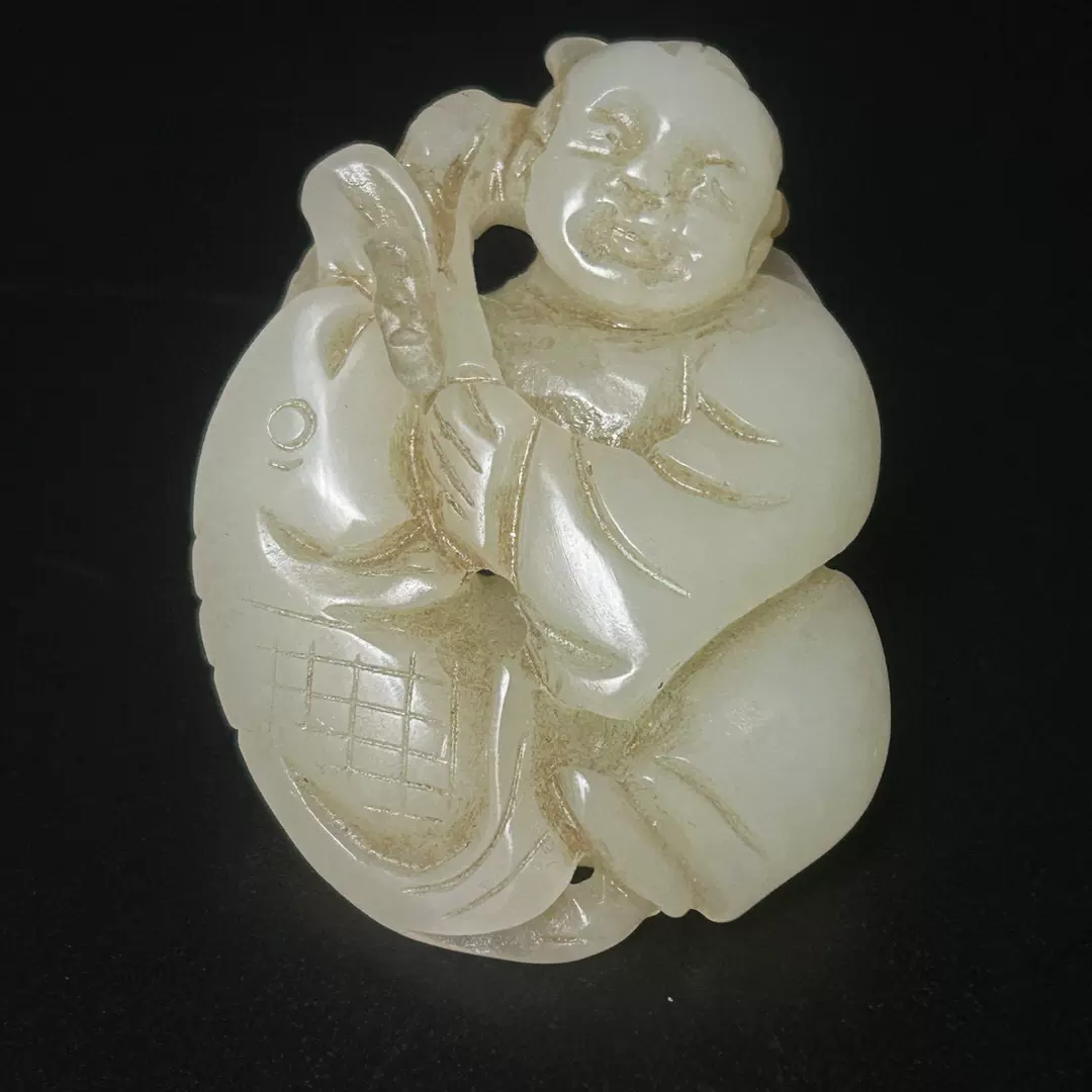 中国骨董 本物和田玉 子石 撒金皮 浮彫 清代 和合二仙紋 子岡牌 根付 玉佩 中国骨董 本物和田玉 子石 撒金皮 浮彫 清代 和合二仙