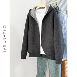 Dark Gray with Light Gray Hooded Cardigan Sweatshirt for Women, 2026 Autumn and Winter New Korean Style Loose Heavyweight Jacket