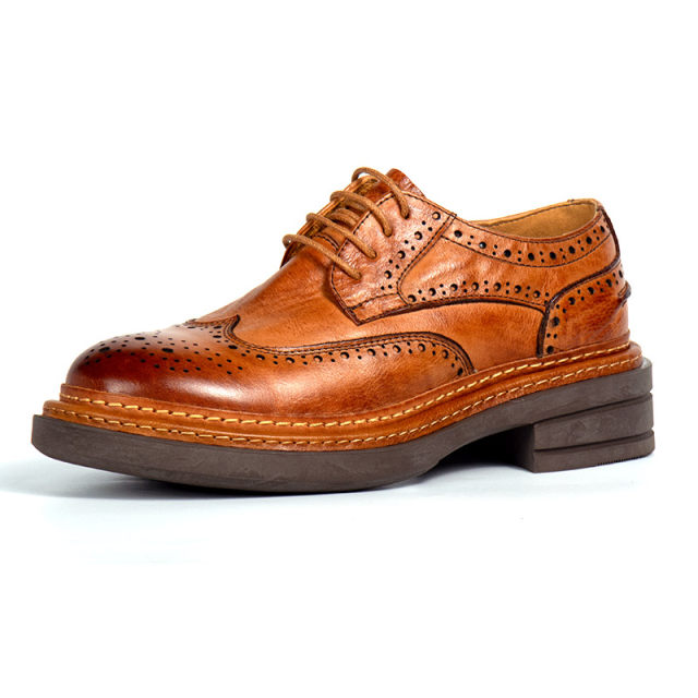 Wing Tip Shoes Women Men's Round Toe Brogue Open Lacing Brown Cow