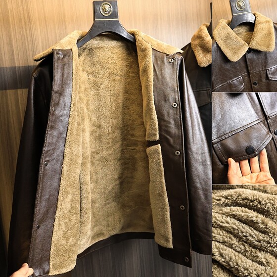 
Glossy and delicate soft leather! Autumn and winter men's composite grain velvet fashionable lapel casual retro leather jacket trend