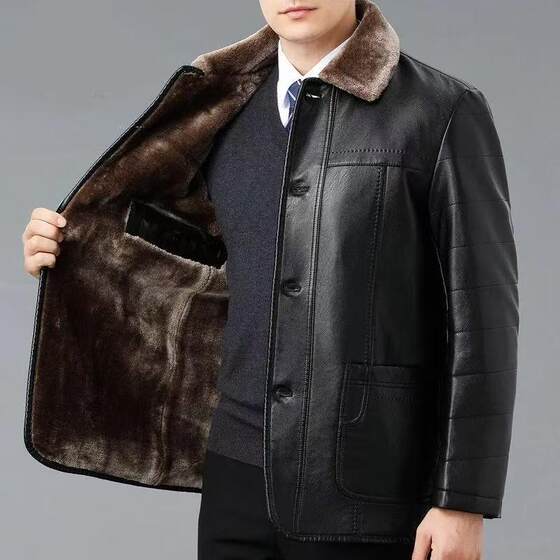 Haining men's first-layer cowhide genuine leather middle-aged dad's winter high-end velvet thickened fur all-in-one jacket leather jacket
