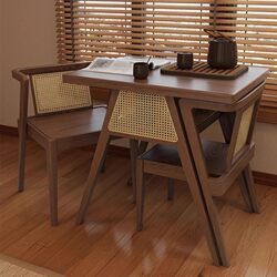 Mobile Tea Table, Living Room Small Dining Table, Solid Wood Coffee Table, Tea Brewing Table, Small Apartment Household Rattan Chair Combination Three-Piece Set