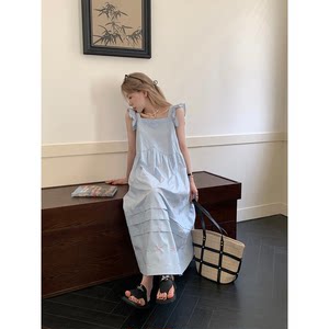 WGKG Two color Bow Embroidered Dress for Women Summer Loose, High Waist, Slim and Short, Small Flying Sleeves Long Dress