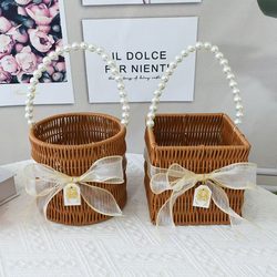 Souvenir Pearl Wicker Basket, Imitation Rattan Basket, Wedding Full Moon Festival Gift Basket, Flower Arrangement Woven Storage Basket