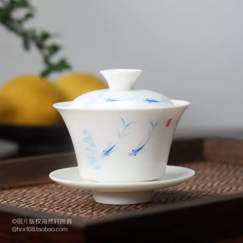 复古手工玉瓷潮州功夫茶具手绘小鱼三才杯盖碗泡茶碗冲茶碗大号-Taobao 