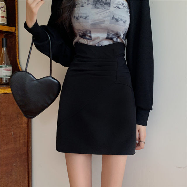 Large -size skirt female spring and autumn 2024 new fat MM high -waisted slim A -line skirt folded hip skirt to cover the belly
