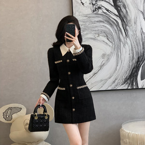 
French style contrasting small fragrant style suit dress for women new autumn and winter heavy industry slimming doll collar woolen A-line skirt