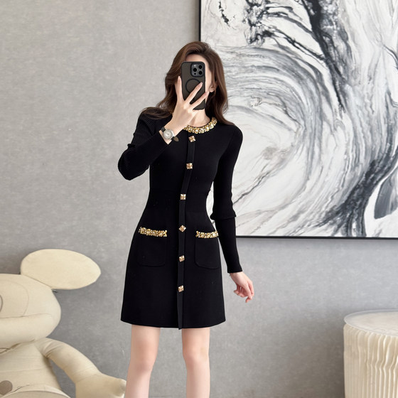 
Xiaoxiangfeng Fashion Knitted Dress Women's Autumn and Winter New High-Quality Temperament Lady's Waist Slimming A-Line Skirt