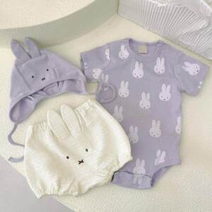 
New spring and summer newborn baby cartoon rabbit series halo clothes crawling clothes shorts hat baby parent-child outfit three-piece set
