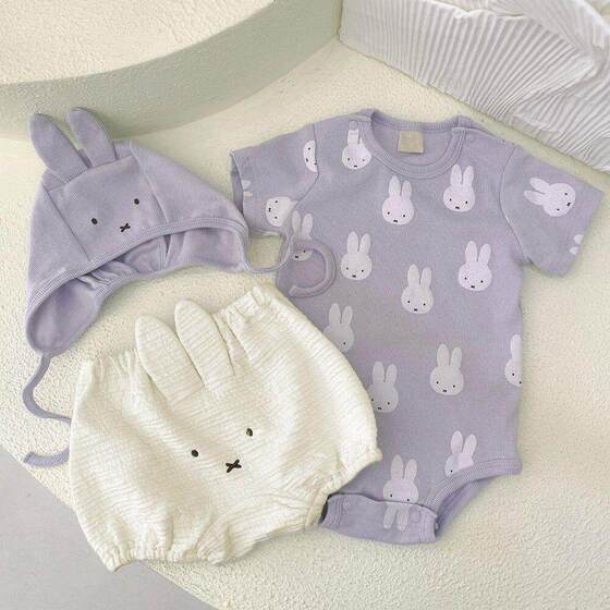 
New spring and summer newborn baby cartoon rabbit series halo clothes crawling clothes shorts hat baby parent-child outfit three-piece set