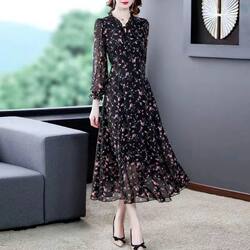 Floral Chiffon Dress for Women 2026 Trendy New Versatile Long-Sleeve A-Line Dress Summer Lace Mid-Length Base Dress