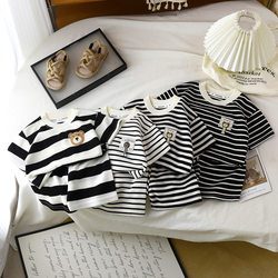 Children's Short-Sleeved Suit Black and White Stripesd Boys' T-Shirt Baby Summer Kidsren's Clothing Girls' Shorts Baby Clothes New Style