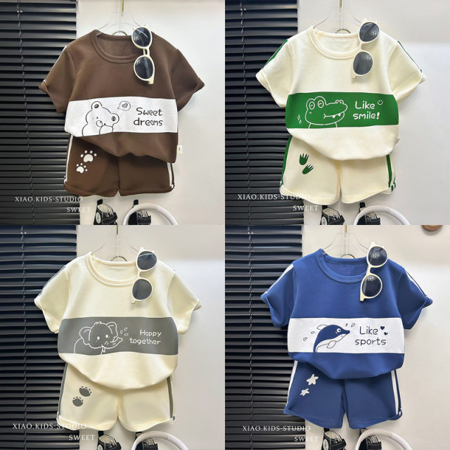 2025 new children's short-sleeved suit striped girls boy T summer baby baby clothes Korean version children's clothing