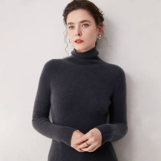 100% pure cashmere sweater for women in autumn and winter red and black piled turtleneck sweater that can be worn outside and worn inside with a slim wool base layer sweater