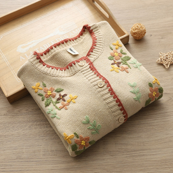 Retro vintage style pure handmade three-dimensional embroidered wool cardigan loose sweet sweater jacket top