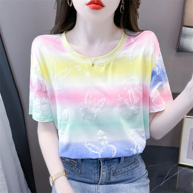 Cotton Rainbow striped stamps Short -sleeved T -shirt Female 2024 Summer New Loose White Family Round -neck clothes