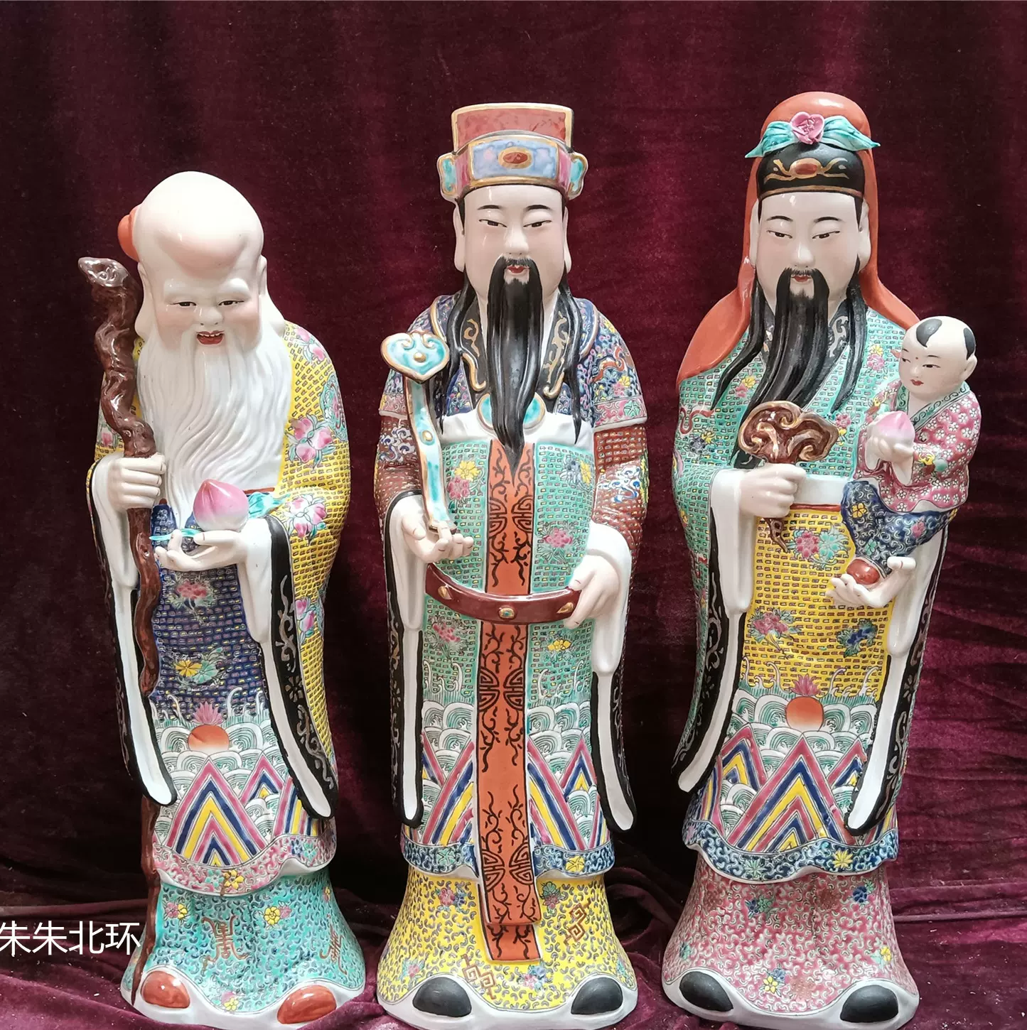 景徳鎮陶磁彫刻磁器福禄寿三星置物