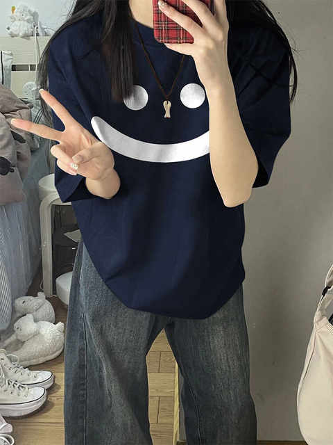 Pure cotton American fun smiling face print navy blue short-sleeved T-shirt for women 2025 new hot summer loose top