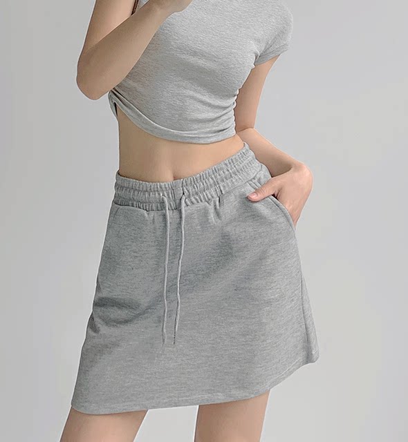 Spring and summer drawstring short skirt for women half-high waist slim sports sweatshirt dress gray American hot girl A-line hip-pack large size
