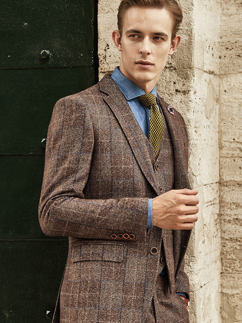 Suit Suit for Men, Brown Plaid Groom's Wedding Dress, British
