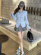 Design Sensory waist wrinkles Long -sleeved shirt Female early spring new fashion foreign qi high waist pleated skirt two -piece suit
