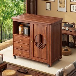 Movable Solid Wood Tea Cabinet, Sandalwood Tea Table, Integrated Tea Room Table with Water Boiling Function, Home Storage Tea Brewing Station