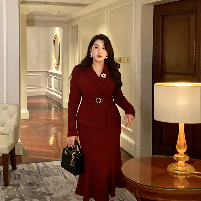 GLEC high-end fat mm large size women's clothing autumn temperament ruffled fishtail skirt professional women's suit collar dress