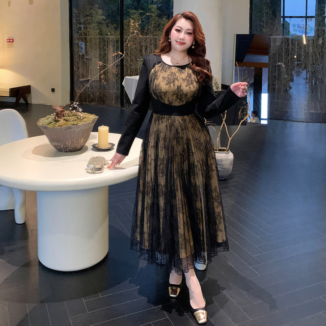 GLEC Plus Size Women's Clothing 2025 Autumn and Winter New Retro Light National Style Design Mesh Splicing Pleated Dress