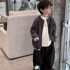 
Xiaojie's 2025 autumn new Korean color-blocked knitted cardigan for boys' sweater with lazy style soft glutinous jacket