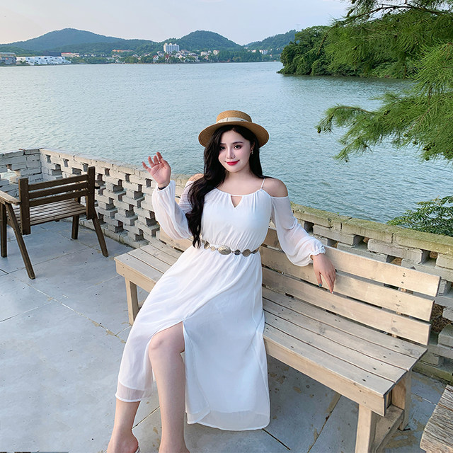 Xitonger large size women's fat mm French temperament slim and off-shoulder slit white dress vacation fairy long skirt
