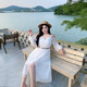 Xitonger large size women's fat mm French temperament slim and off-shoulder slit white dress vacation fairy long skirt
