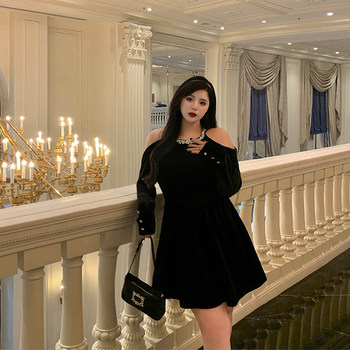 Xitonger large size women's fat mm French slim and off-shoulder velvet dress waist-covering and small black skirt dress autumn