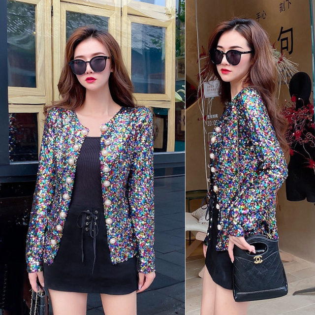 Stage performance clothing heavy industry short suit Bling sequin ...