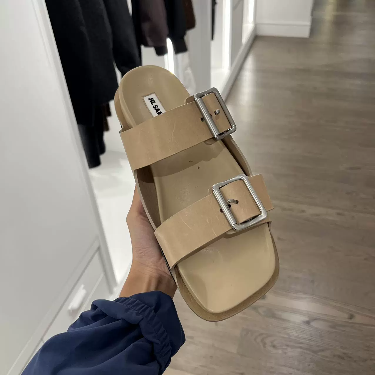 jil sander 棕色牛皮露趾双一字式扣带拖鞋美国直邮不退不换