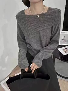 
[One-line collar] French catwalk style pullover, loose, lazy, long-sleeved, slimming and versatile knitted sweater for women