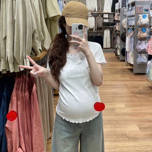 
New summer style maternity wear for small people, round neck short-sleeved T-shirt with fungus edge, thin, fashionable and versatile lace style inside