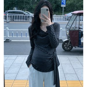 
Maternity wear 2026 spring and summer new fashion Korean irregular design slim and versatile long-sleeved T-shirt drawstring