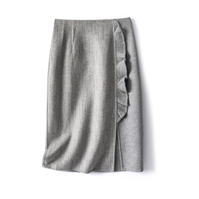 Japanese ruffled wool wool skirt with double sided commuter versatile slit skirt with hip skirt autumn women