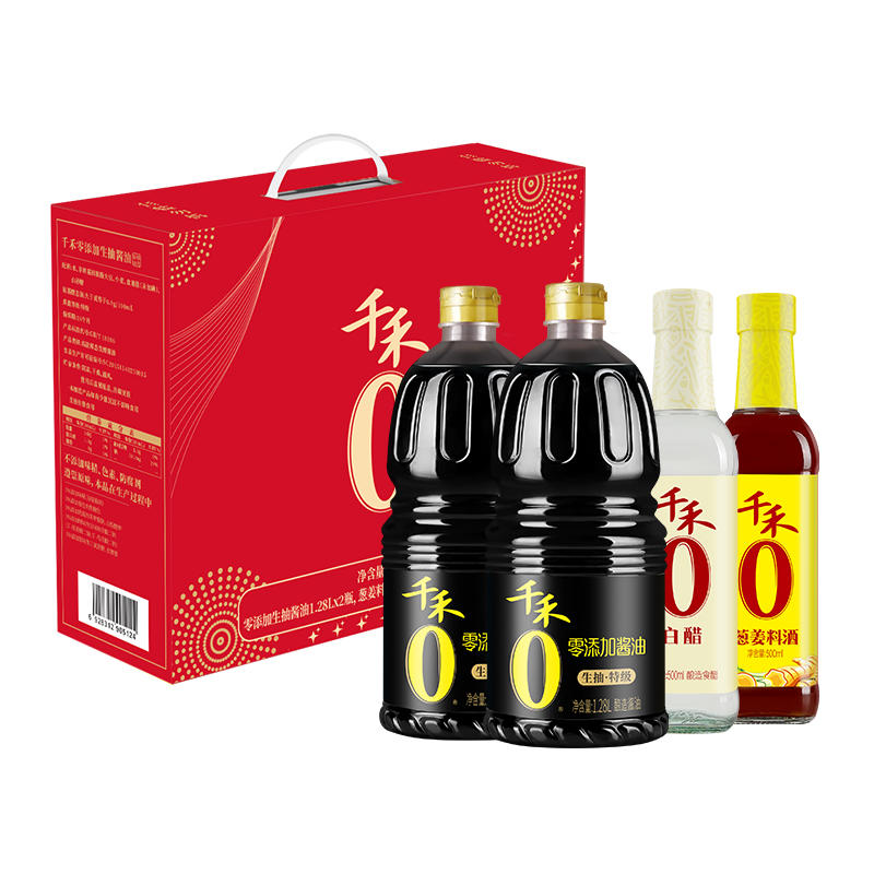 超值：千禾 酱油0添加礼盒1.28L*2+500ML*2特级生抽白醋料酒 22.9元 （40.9，反18猫超卡，需用券） 