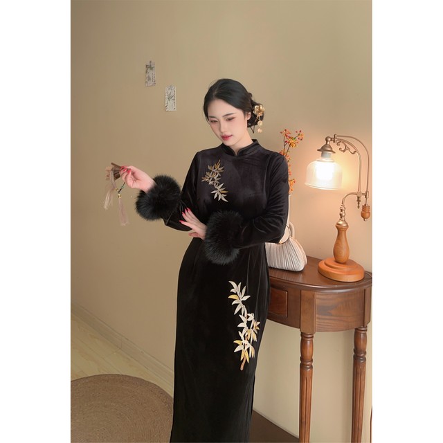 Golden Bamboo Advanced Embroidery Golden Bamboo Leaves Black Slimming Large Size Fat MM Cheongsam Dress Furry Sleeves