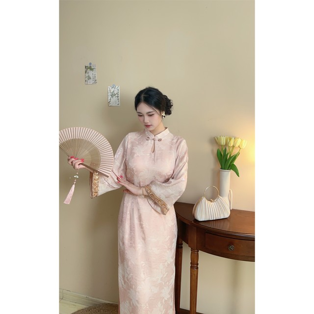 Sweet Tea New Chinese Pearl Jacquard New Chinese Improved Edition Cheongsam Large Size Fat mm Gentle Girl