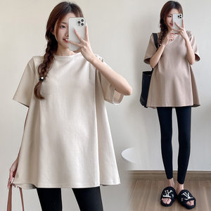 
Large size maternity short-sleeved T-shirt summer mid-length pure cotton A-line Korean version covering belly and making it look slimming and trendy mother top 200*0.5kg