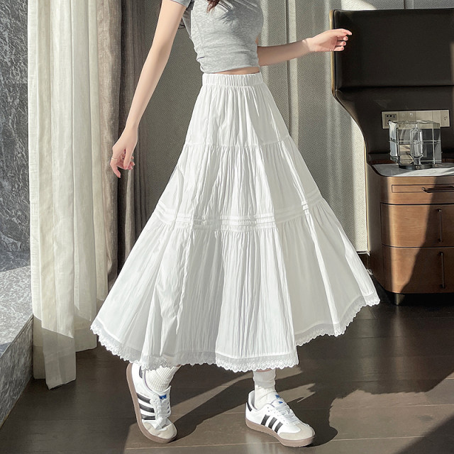 Fashionable and versatile skirt 2025 spring new style for women's high waist slimming versatile solid color lace skirt