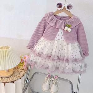 
Girls' Sweet Princess Style Dress Fake Two-piece Lotus Sleeve A-Line Skirt Spring and Autumn Baby Summer New Style Hot