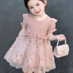 Girls' Korean-Style Dress, Summer Fashionable Princess Dress, Pink Fluffy Gauze Dress, Children's Dress with a Rich and Luxurious Feel