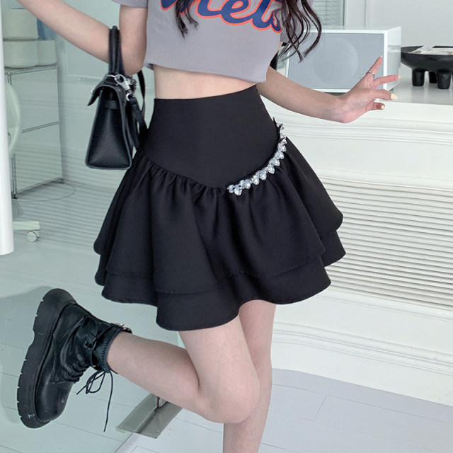 High -waist covering diamond panton skirt Children in spring and summer are thin large size A -line ruffled skirt pleated umbrella short skirt
