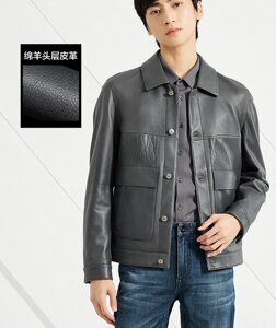 
23QZP6031Y Lijia Autumn New Genuine Leather Men's Stand Collar Short Embossed Sheepskin Jacket