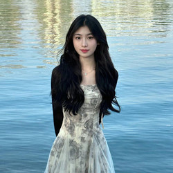 New Chinese-Style Retro Ink Painting Floral Suspender Dress for Women, Unique and Beautiful Summer Long Dress Two-Piece Set