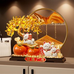 Persimmon Fortune Tree Flowing Sand Painting Lucky Cat Ornament for Living Room, Shop Front Desk Decoration, Housewarming and Opening Gift